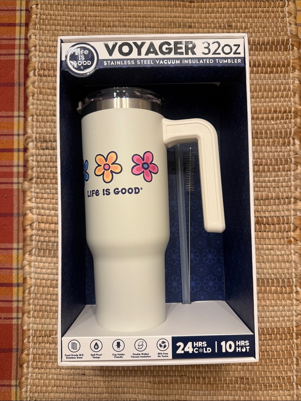 Life Is Good White Voyager 32oz Tumbler with Floral Accents